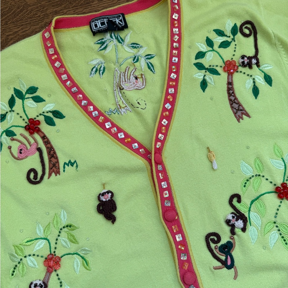 BEREK Vintage 3D Crochet Monkey Tropical Cardigan Sweater Beaded Embroidered L‎